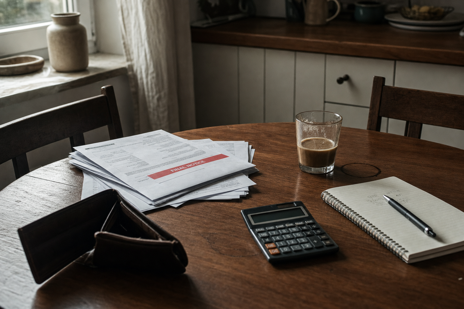 Unopened bills, an empty wallet, and a calculator on a kitchen table