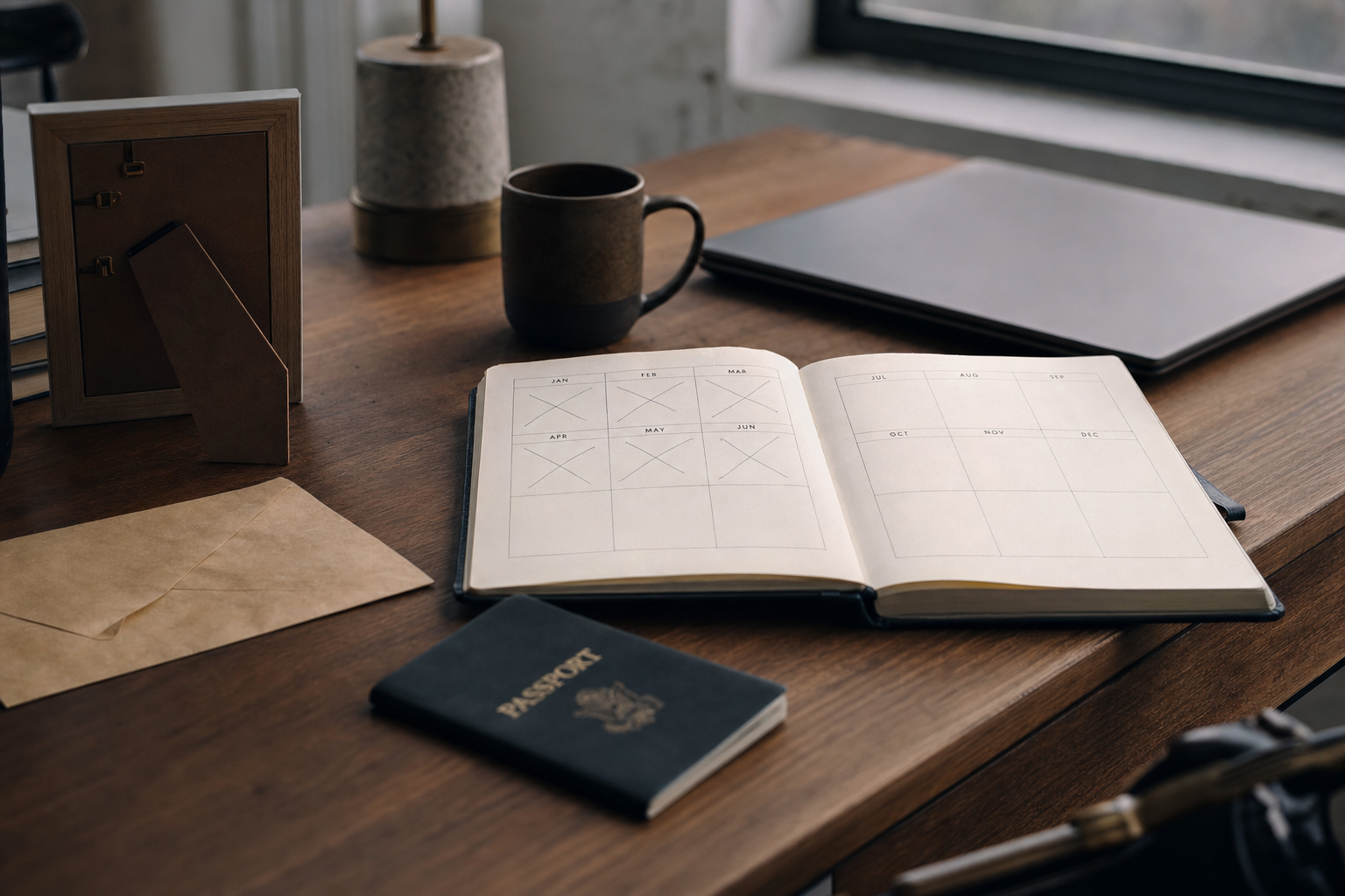 A mostly blank yearly planner beside an unused passport and closed laptop