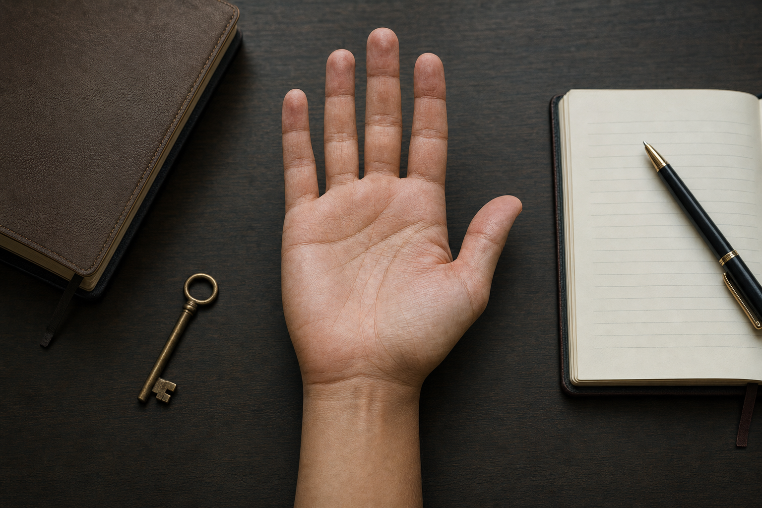 An open palm beside an unfinished notebook and unused key