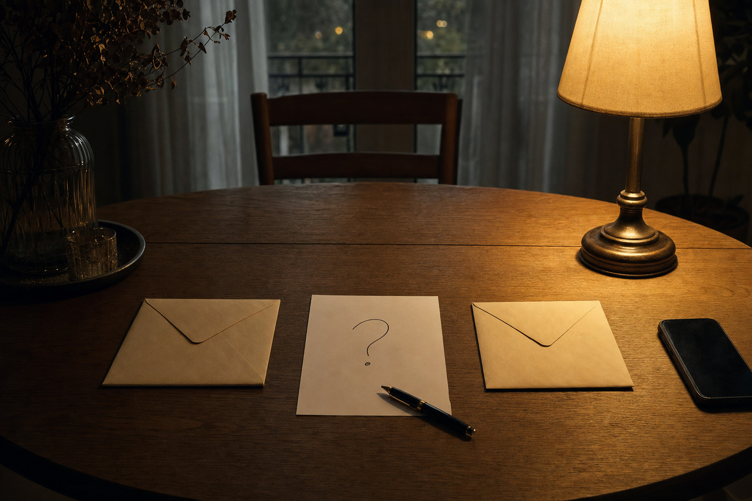 Two sealed envelopes separated by a handwritten question mark