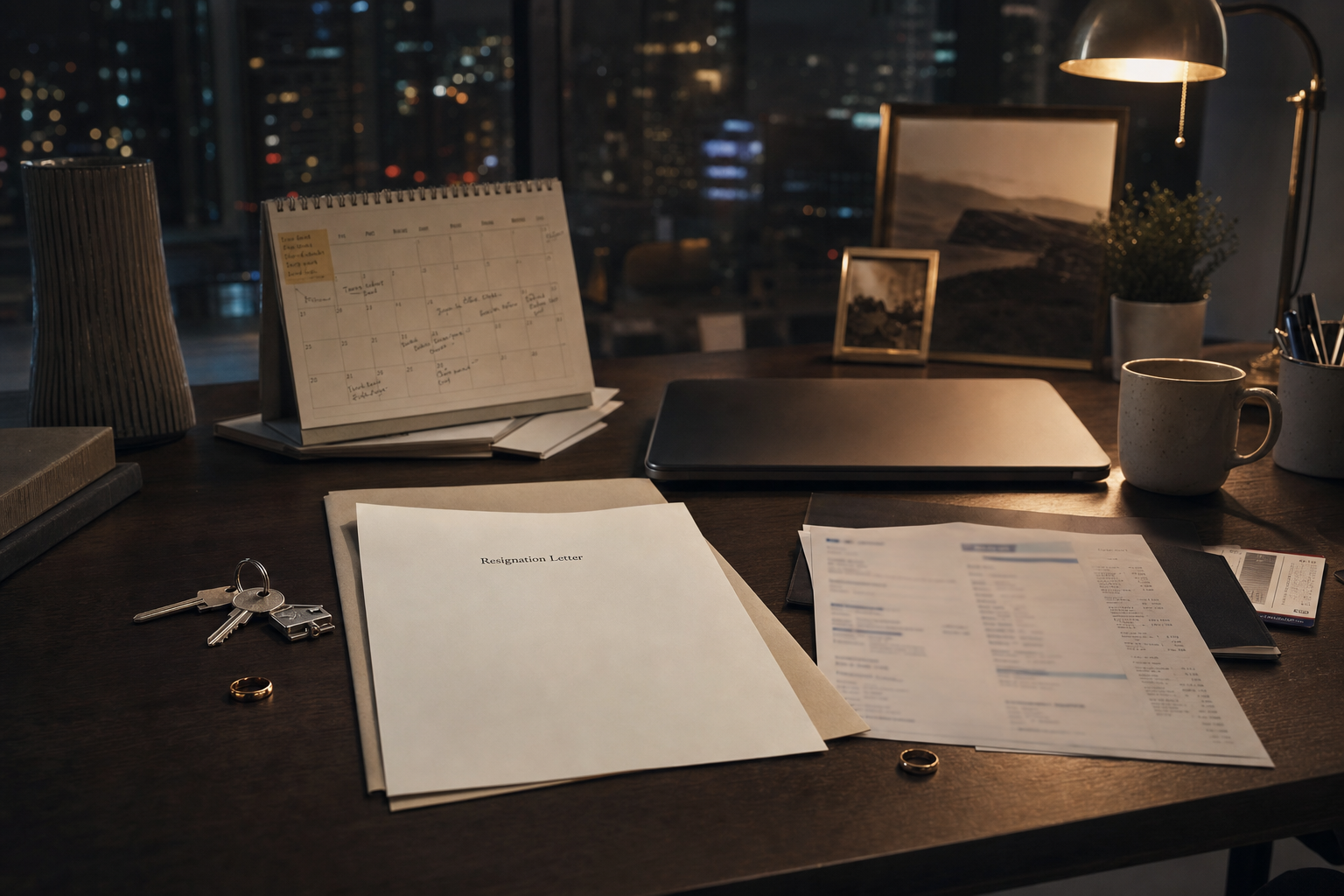 Keys, separated rings, a work folder, and a laptop prepared for a call