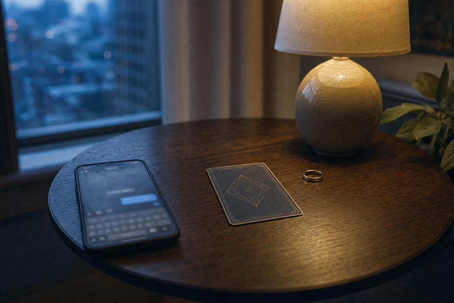One face-down card beside a phone with an unsent message and a gold ring