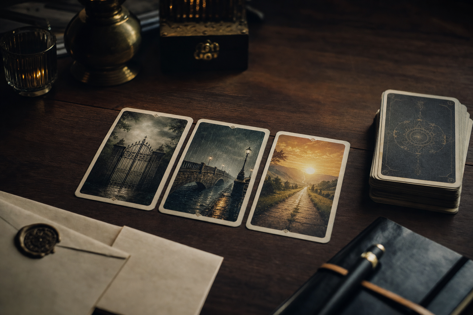 Three symbolic cards laid across a table beside a larger deck