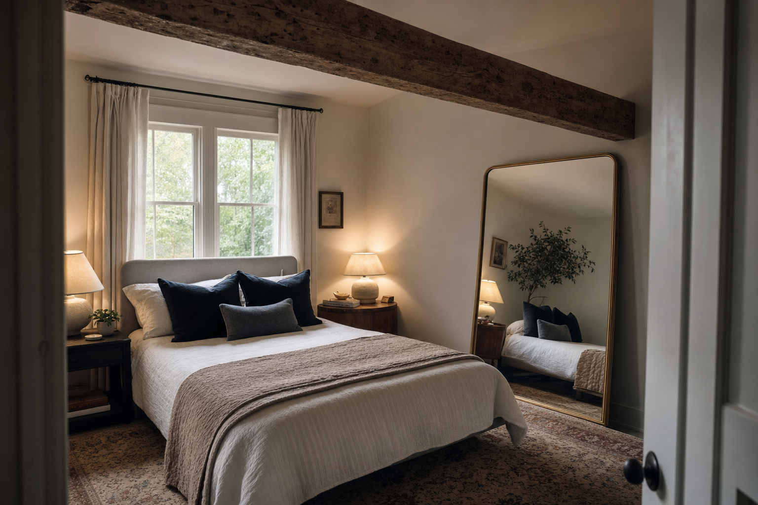 A bedroom with an exposed beam, mirror facing the bed, and window behind the headboard