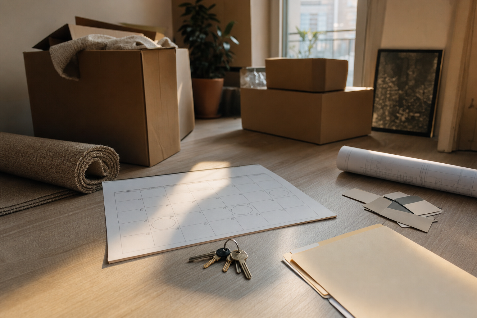 Moving boxes, new keys, renovation plans, and a calendar with penciled dates